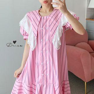 Lace Trim Short-sleeve Striped Midi A-line Dress