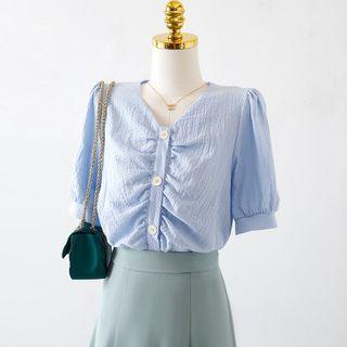 V-neck Plain Button-up Oversize Blouse