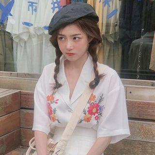 Flower Embroidered Short-sleeve Blouse / A-line Skirt