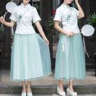 Traditional Chinese Set: Short-sleeve Top + Midi Skirt