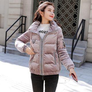 Stand Collar Embroidered Zip Padded Velvet Jacket