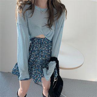 Long-sleeve Sheer T-shirt / Floral Print A-line Mini Skirt