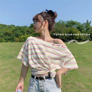 Short Sleeve Off-shoulder Striped T-shirt