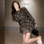 Washed Denim Plaid Button-up Oversize Jacket / Plain Skinny Mini Dress