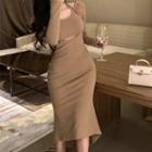 Asymmetrical Long-sleeve Cutout Knit Dress Khaki - One Size