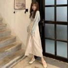 Tie Neck Blouse / Midi Suspender Skirt