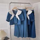 Set: Short-sleeve Denim Top + High-waist Denim Skirt