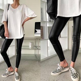 Band-waist Faux Leather Leggings Black - One Size