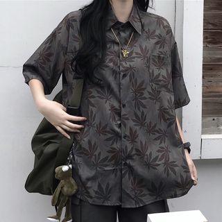 Leaf Print Elbow-sleeve Shirt Gray - One Size
