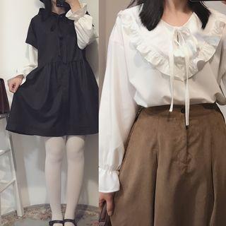 Plain Frill Trim Shirt/ Plain Hooded Short Sleeve Dress