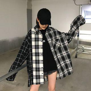 Paneled Plaid Shirt Plaid - Black & White - One Size