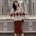 Set: Argyle Sweater + Midi Knit Straight-fit Skirt