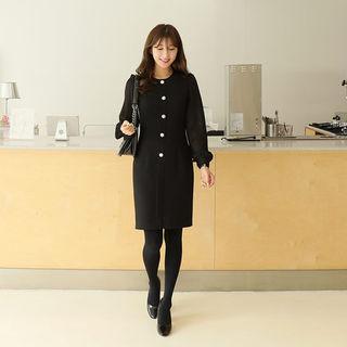 Sheer-sleeve Faux-pearl Button Dress