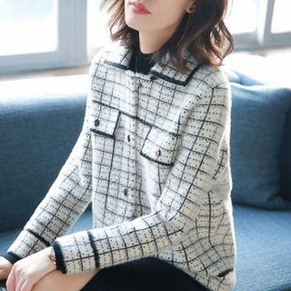 Plaid Button Knit Jacket White - One Size