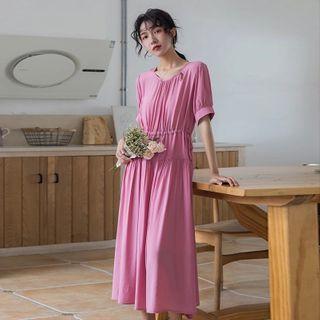 Elbow-sleeve Ruched Midi A-line Dress