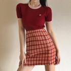 Short-sleeve Heart Embroidered Knit Top / Plaid Mini Pencil Skirt