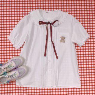 Short-sleeve Bear Embroidered Frill Trim Blouse White - One Size