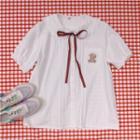 Short-sleeve Bear Embroidered Frill Trim Blouse White - One Size