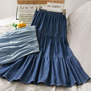 Elastic-waist Denim Midi Skirt
