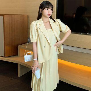 Set : Puff-sleeve Blazer + Suspender Plain Pleated Mini Skirt