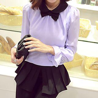 Bow Front Collared Chiffon Long-sleeve Top