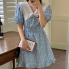 Puff-sleeve Floral Print Lace Collar A-line Dress Blue - One Size