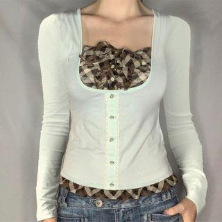 Mock-two Piece Plaid Patterned Paneled Top