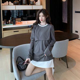 Contrast Color Mock Two-piece Long Sleeve Dress