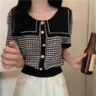 Short-sleeve Collared Check Knit Top