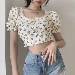 Puff-sleeve Floral Print Lace Trim Crop Top