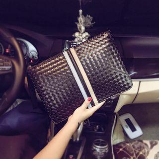 Faux-leather Strip Trim Woven Clutch Bag