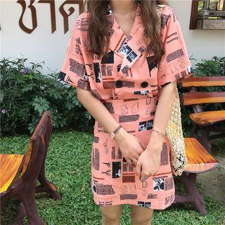 Set: Short-sleeve Printed Shirt + A-line Mini Skirt