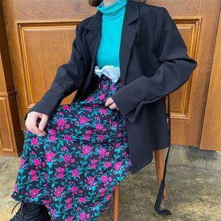 Plain Blazer / Mock-neck Top / Floral Midi Skirt