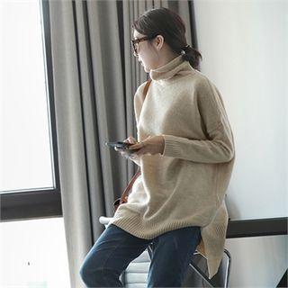 Turtle-neck Wool Blend Long Knit Top