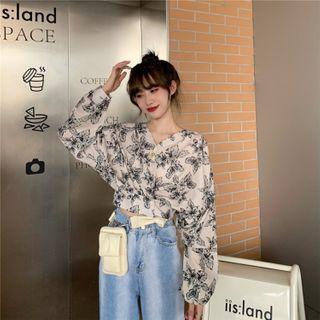 V Neck Floral Long-sleeve Blouse