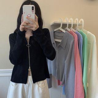 Collared Zipper Crop Knit Top In 6 Colors