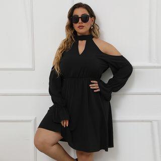 Plus Size Long-sleeve Cold-shoulder A-line Dress