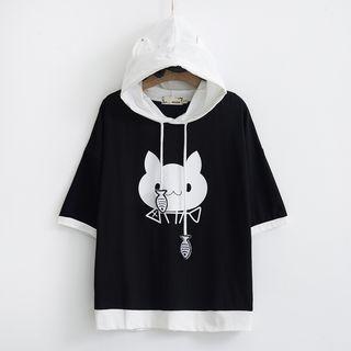Color Block Cartoon Print Short-sleeve Hoodie