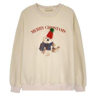 Long-sleeve Bear Printed Sweatshirt Almond - One Size