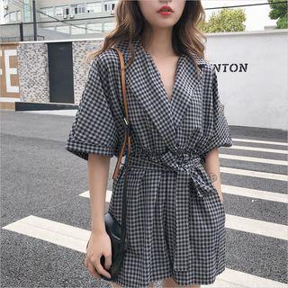 Elbow-sleeve Checker Wide-leg Playsuit
