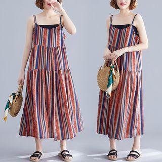 Striped Strappy Midi A-line Dress Stripes - Orange & Blue - One Size