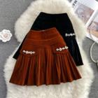 Rhinestone Detail Pleated Velvet Mini Skirt