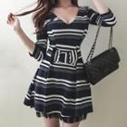 3/4-sleeve Striped Bow V-neck Mini A-line Dress