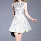 Embellished Jacquard Sleeveless A-line Dress