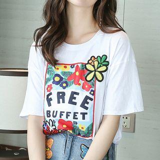 Set: Flower Embroidered Short Sleeve T-shirt + Denim Shorts