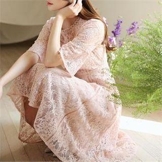 Bell-sleeve Flared Midi Lace Dress
