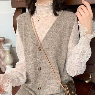 Turtle-neck Lace Sheer Puff Long-sleeve Top