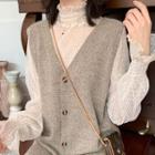 Turtle-neck Lace Sheer Puff Long-sleeve Top