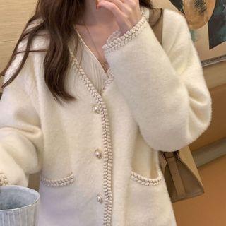 V-neck Faux Pearl Button Cardigan