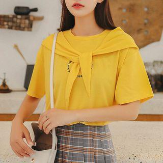 Short-sleeve Attachable Hood Letter T-shirt